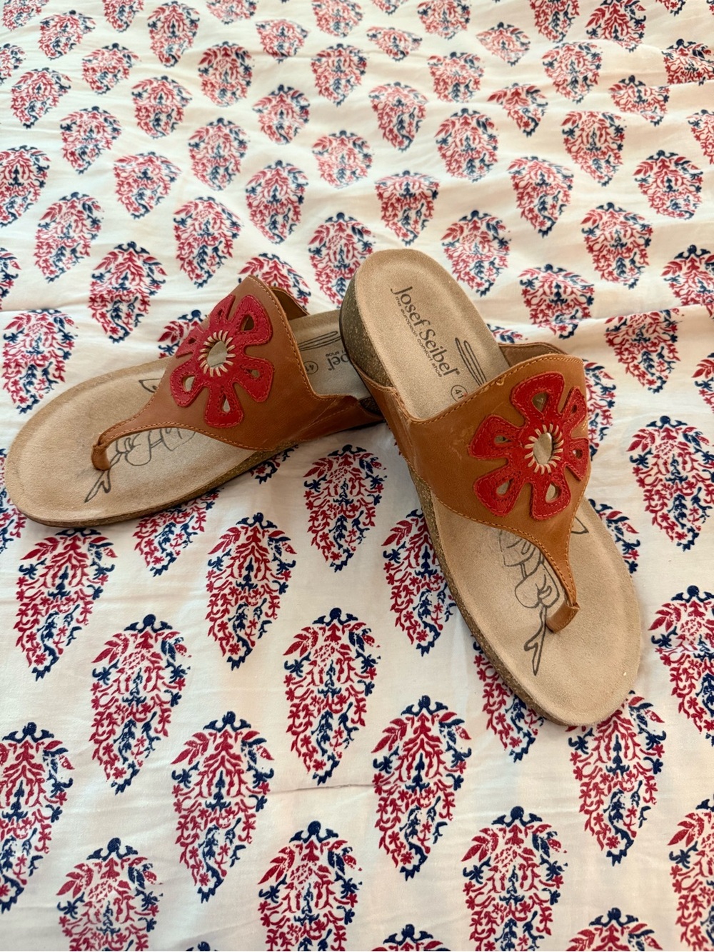 Josef Seibel Tan Leather Thong Sandals with Red Floral Cutout